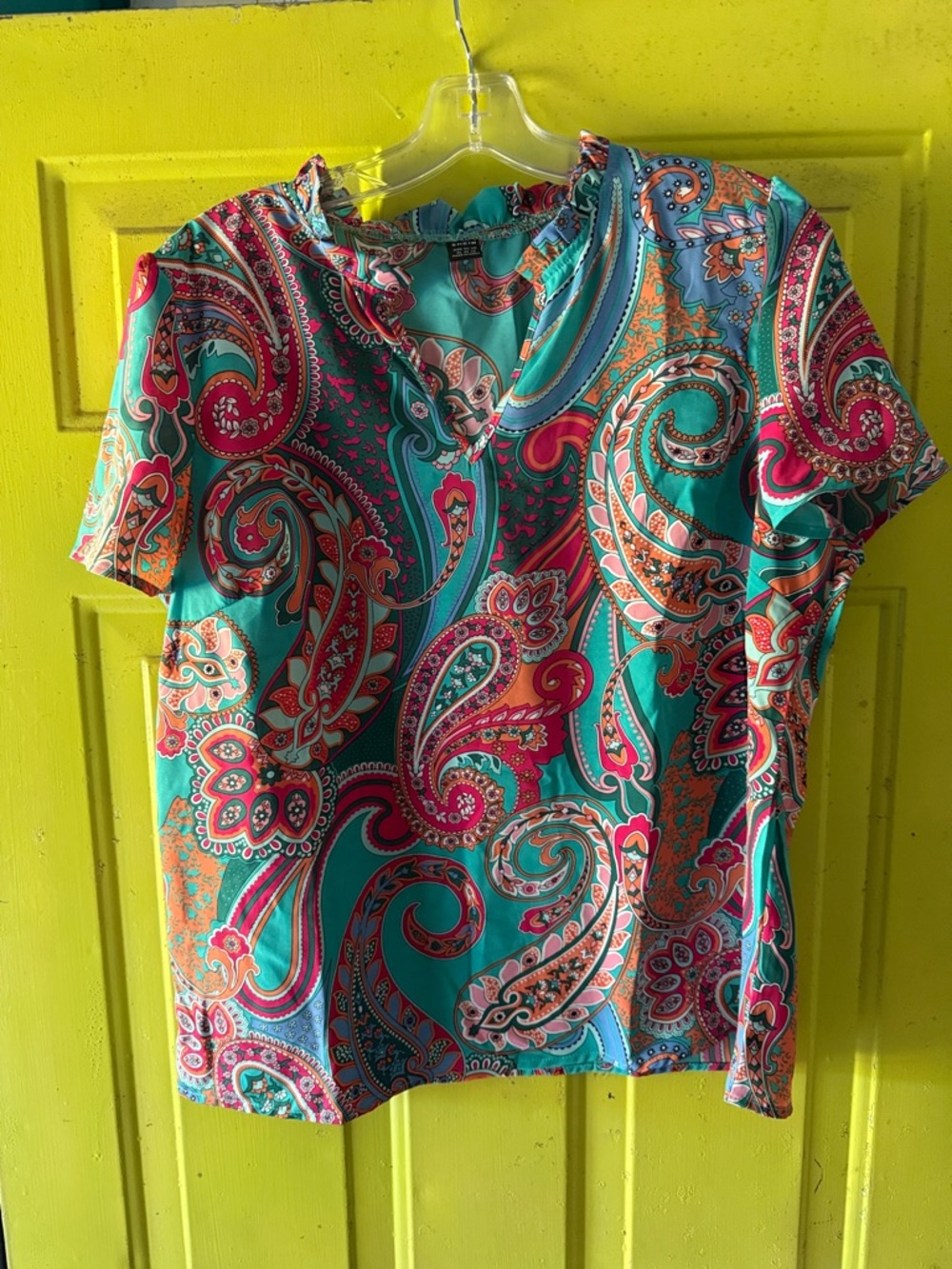 SHEIN Teal Paisley V-Neck Short Sleeve Blouse with Pink Accents
